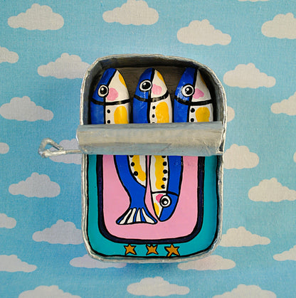 Sardines Tin on pink and teal