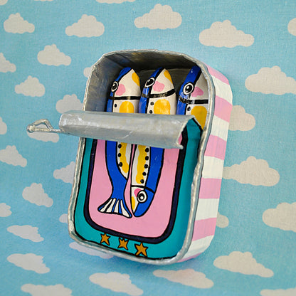 Sardines Tin on pink and teal
