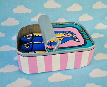 Sardines Tin on pink and teal