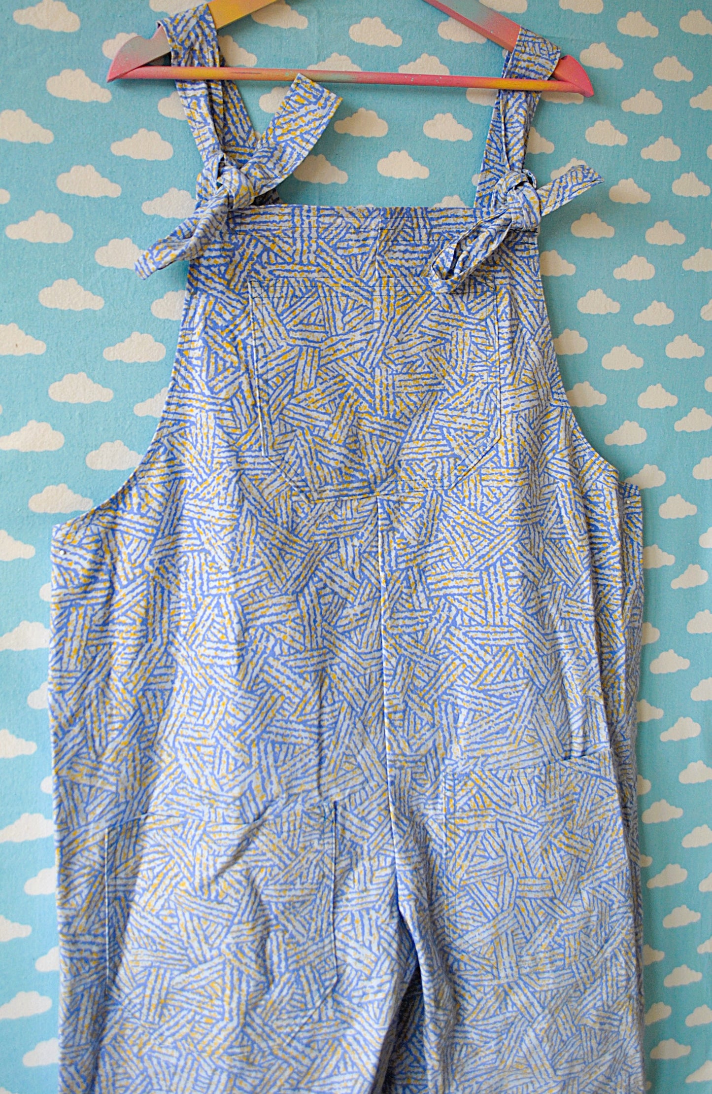 Blue and Yellow pattern Dungarees Ready to Ship Size XL