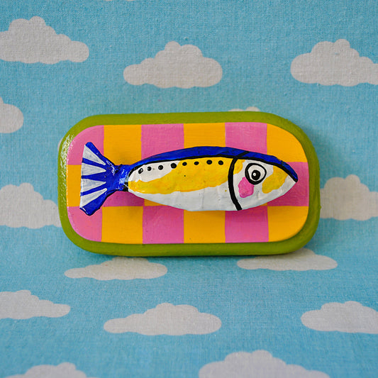 Sardine on Pink and Yellow Checker Board